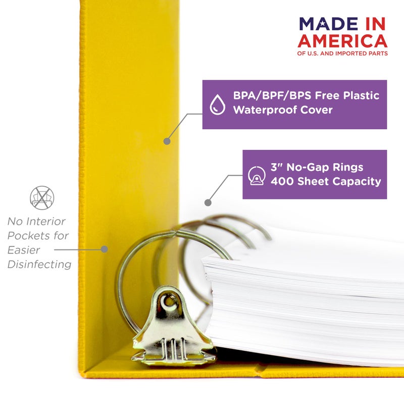 Carstens 3-Inch Heavy Duty 3-Ring Binder - Side Opening, Yellow, Durable Plastic, Precision No-Gap Rings, Waterproof Cover, No Pockets, Holds 400 US Letter Sheets, BPA-Free, Made in USA (1709-3R) - Image 2